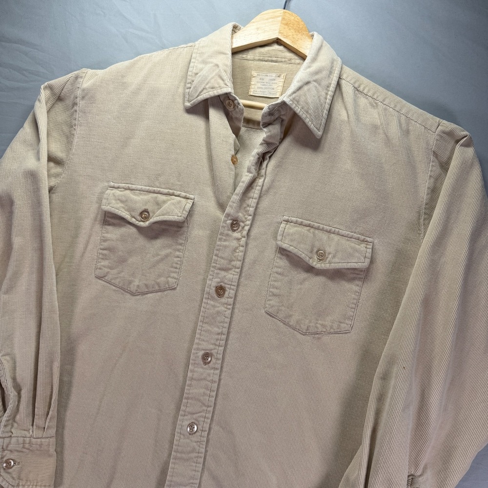True Vintage Corduroy Shirt Mens Medium Beige Button Up Sears Western Slim Whale